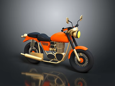 Orange and Gold Vintage Motorcycle with Black Seat Round Headlight and Metal Grille Engine 3d model