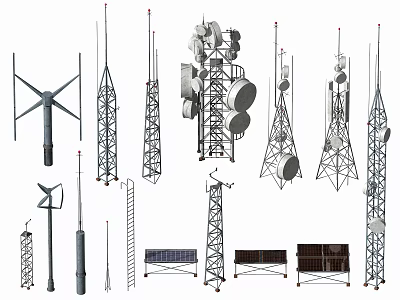 Industrial Equipment Featuring Communication Towers Wind Turbines Solar Panels And Metal Structures 3d model