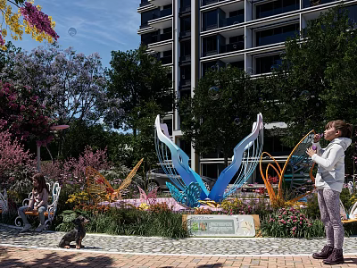Urban Park Landscape With Butterfly Sculpture Girl Blowing Bubbles Flowers And Trees 3d model