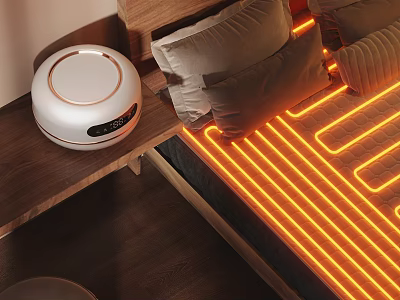 Smart Home Appliance in Modern Bedroom with Bed Pillows and Orange LED Light Strips 3d model