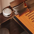 Smart Home Appliance in Modern Bedroom with Bed Pillows and Orange LED Light Strips