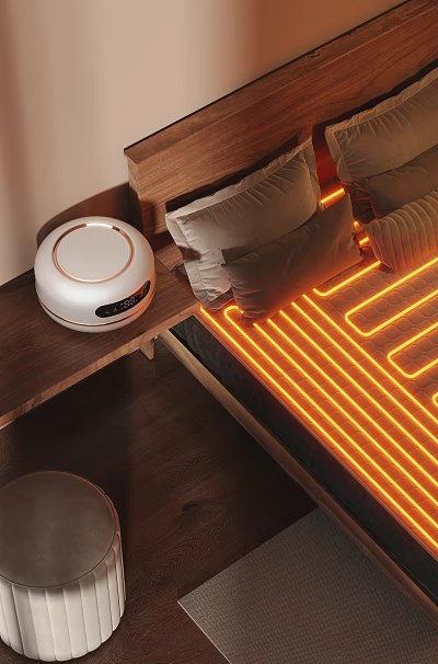 Smart Home Appliance in Modern Bedroom with Bed Pillows and Orange LED Light Strips 3d model