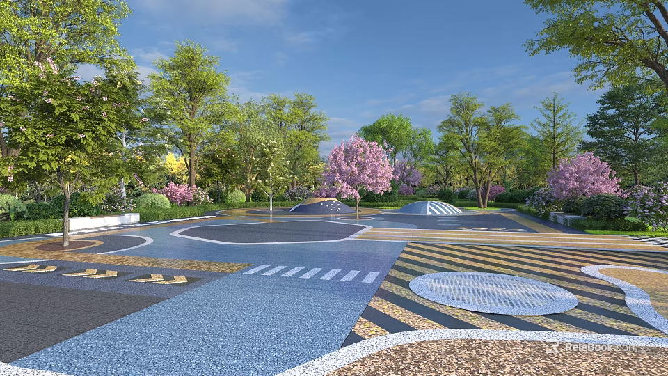 Vibrant Garden Landscape With Flowering Trees Colorful Paving And Open Space 3d model 