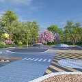 Vibrant Garden Landscape With Flowering Trees Colorful Paving And Open Space