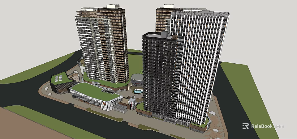 Modern Urban High Rise Buildings With Green Areas And Plaza Space 3d model 