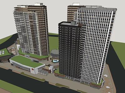 Modern Urban High Rise Buildings With Green Areas And Plaza Space 3d model