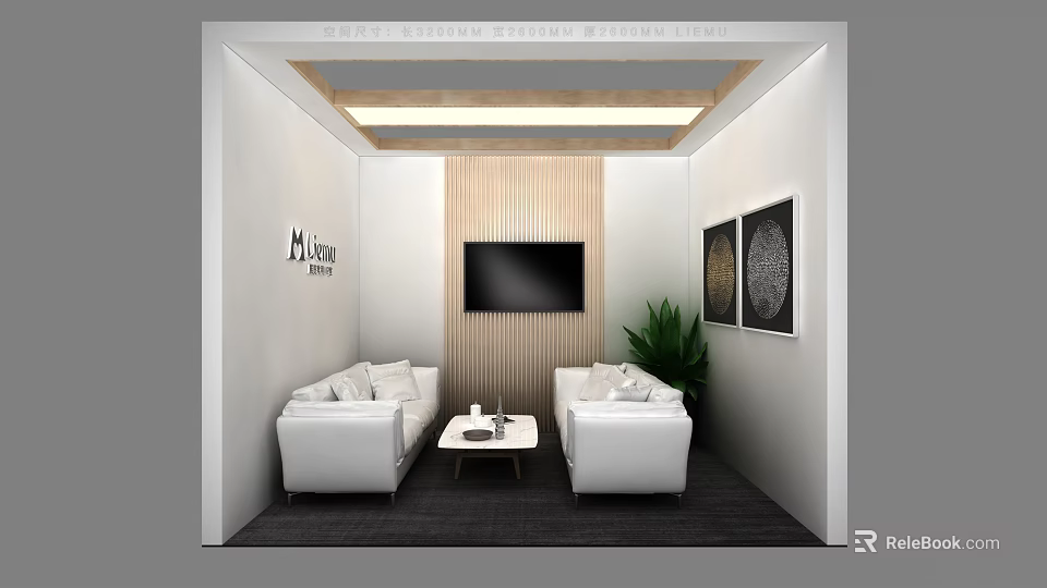 Modern Casual Lounge Area With White Sofas Coffee Table TV Wooden Wall And Decorative Paintings 3d model 