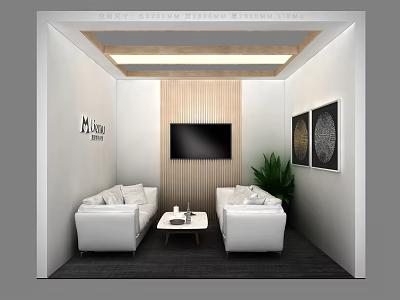 Modern Casual Lounge Area With White Sofas Coffee Table TV Wooden Wall And Decorative Paintings 3d model