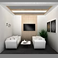 Modern Casual Lounge Area With White Sofas Coffee Table TV Wooden Wall And Decorative Paintings