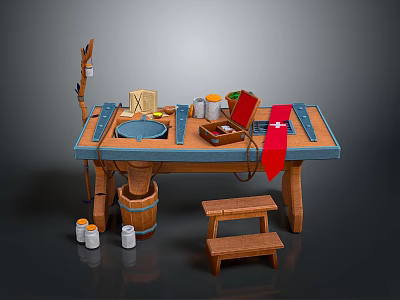 Wooden Workbench With Blue Countertop And Tools Near Wooden Barrel And Small Stool 3d model
