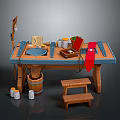 Wooden Workbench With Blue Countertop And Tools Near Wooden Barrel And Small Stool