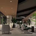 Modern Cafe Interior With Glass Doors Lush Plants And Cozy Seating