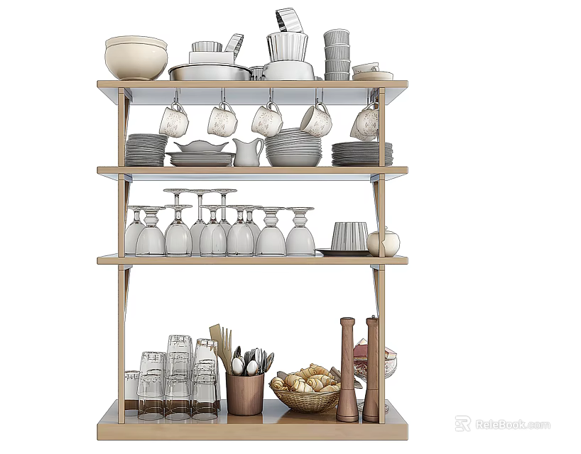 Organized Kitchenware Display On Multi Tiered Shelves With Bowls Plates Glasses And Utensils 3d model 