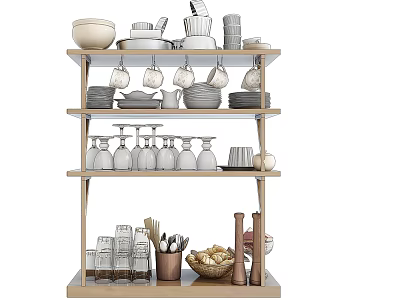 Organized Kitchenware Display On Multi Tiered Shelves With Bowls Plates Glasses And Utensils 3d model