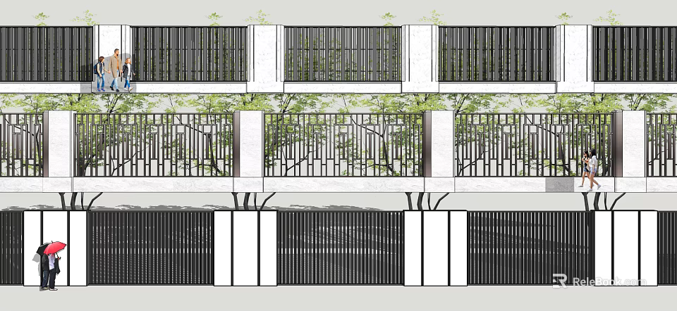 Modern Building Facade With Black Grille Design White Columns And Green Plants 3d model 