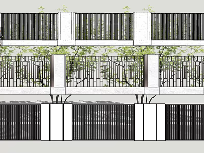 Modern Building Facade With Black Grille Design White Columns And Green Plants 3d model