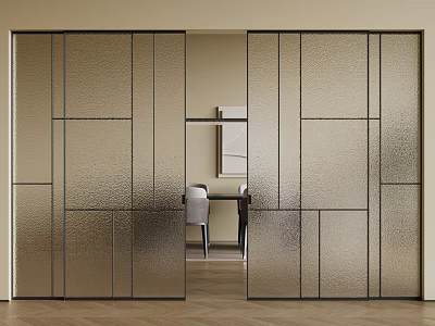 Sliding Doors Featuring Frosted Glass Geometric Design in Room with Table Chairs and Wall Art 3d model