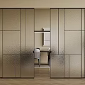 Sliding Doors Featuring Frosted Glass Geometric Design in Room with Table Chairs and Wall Art