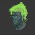 3D Head Model with Blue Face and Orange Messy Hair in 3D Rendering