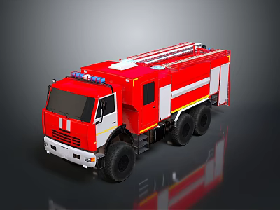 Heavy Duty Red Fire Truck With Ladder Emergency Lights And Black Tires 3d model