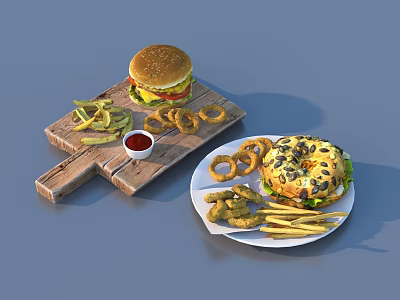 Delicious Fast Food Spread Featuring Burger Bagel Burger Crispy Fries Onion Rings And Ketchup 3d model
