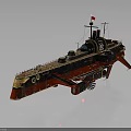 Steampunk Warship With Red Hull Black Deck Mechanical Wheels And Flag