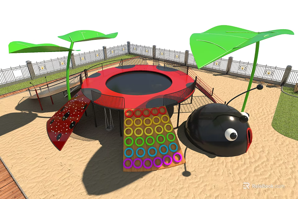 Colorful Playground Equipment with Red Trampoline Green Leaf Canopies and Ladybug Structure in Sandpit Area 3d model 