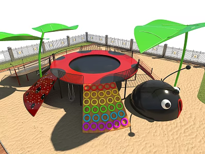 Colorful Playground Equipment with Red Trampoline Green Leaf Canopies and Ladybug Structure in Sandpit Area 3d model