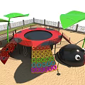 Colorful Playground Equipment with Red Trampoline Green Leaf Canopies and Ladybug Structure in Sandpit Area