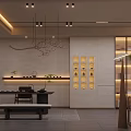 Modern Office Corridor Interior With Wooden Grille Cabinets And Potted Green Plant
