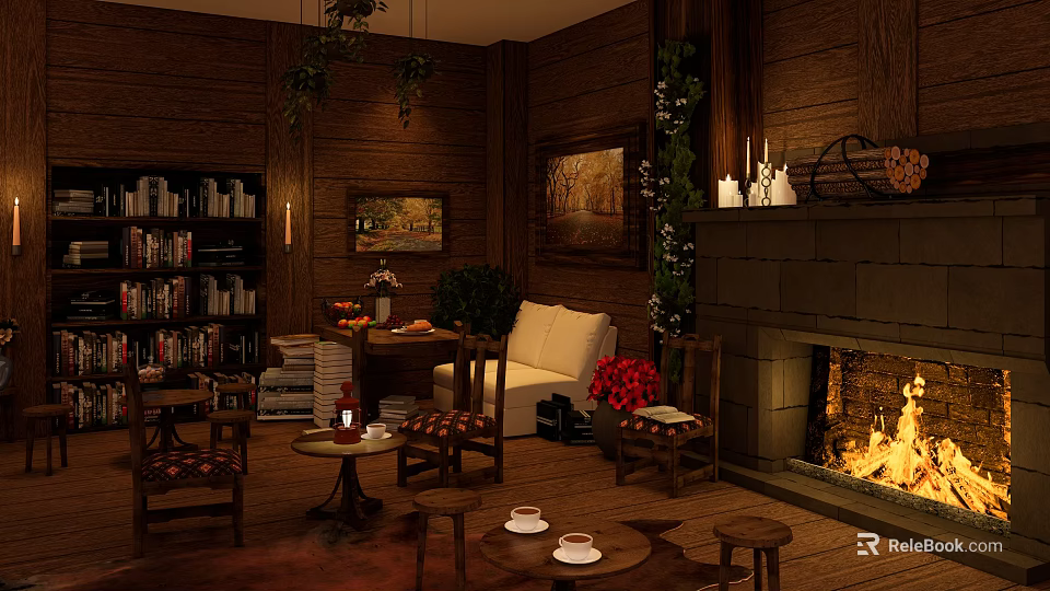 Cozy Wooden Cafe Interior With Bookshelves Fireplace Plants And Comfortable Seating 3d model 