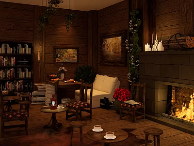 Cozy Wooden Cafe Interior With Bookshelves Fireplace Plants And Comfortable Seating 3d model