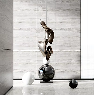 Metallic Sculpture With Fluid Design Black Spherical Base White Decorative Spheres Against Wood Grain Wall 3d model