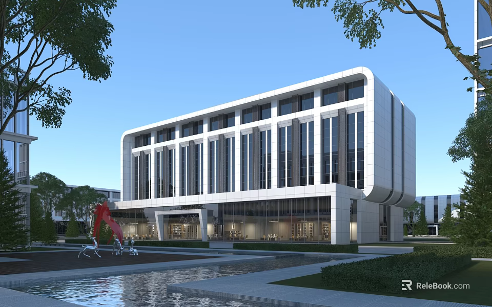 Modern Office Building With Glass Facade White Exterior Landscaped Garden And Water Feature 3d model 