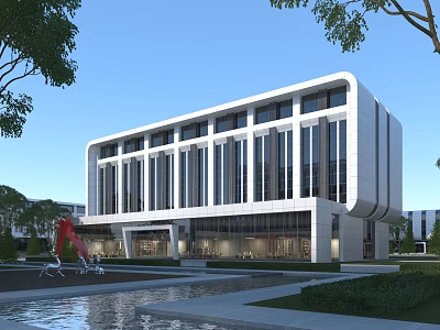 Modern Office Building With Glass Facade White Exterior Landscaped Garden And Water Feature 3d model