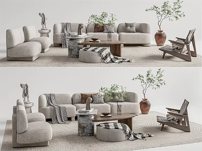 Modern Sofa Coffee Table Set With Throw Pillows Potted Plants Rug And Accent Chair 3d model