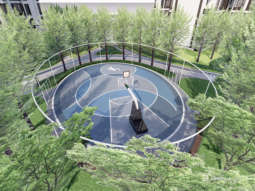 Residential Landscape Featuring Basketball Court Surrounded By Green Trees And Open Space 3d model 