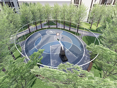 Residential Landscape Featuring Basketball Court Surrounded By Green Trees And Open Space 3d model