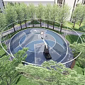 Residential Landscape Featuring Basketball Court Surrounded By Green Trees And Open Space