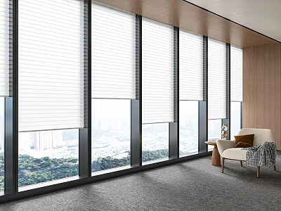 White Window Blinds In Modern Interior Large Windows With City View And Sofa 3d model