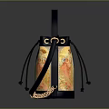 Stylish Blue Bucket Bag With Colorful Yellow Orange Patterns Black Straps And Chain Decoration