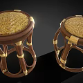 Handcrafted Wooden Stools With Rattan Seats Curved Legs And Woven Straps Design
