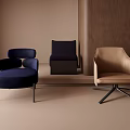 Three Modern Upholstered Armchairs In Navy Beige Dark Purple With Metal Legs And Star Base