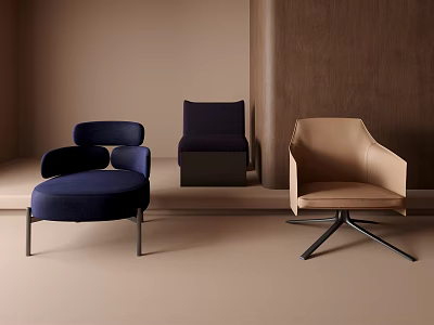 Three Modern Upholstered Armchairs In Navy Beige Dark Purple With Metal Legs And Star Base 3d model