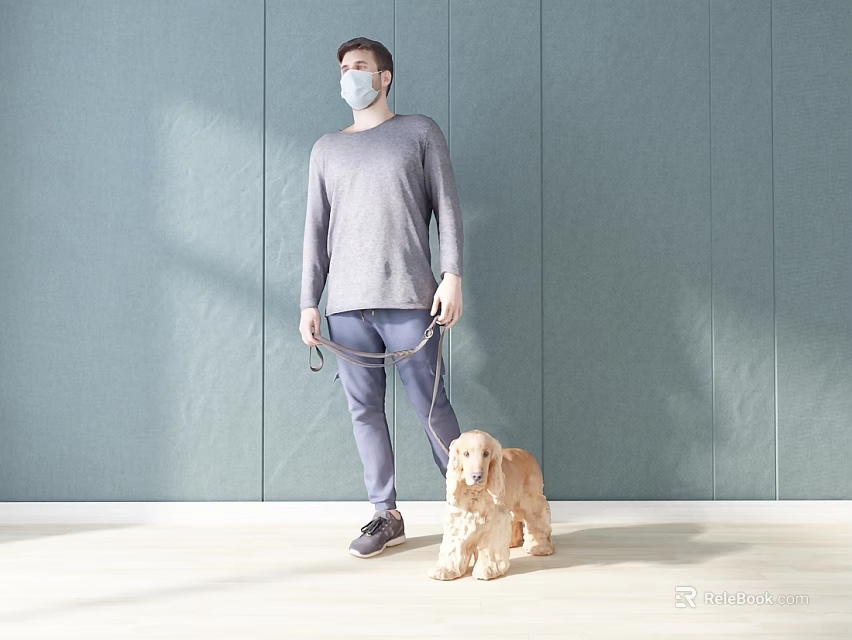 Man Wearing Mask And Gray Sweater Walking Golden Retriever Dog Against Gray Wall 3d model 