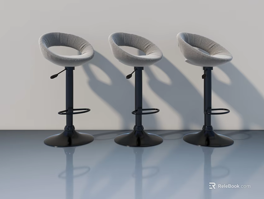 Three Grey Adjustable Height Bar Stools With Black Base And Smooth Floor 3d model 