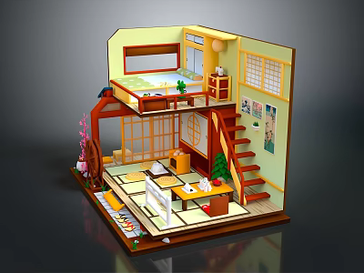 Cartoon Room Scene With Two Story Design Staircase Desk Green Plant Window And Decorations 3d model