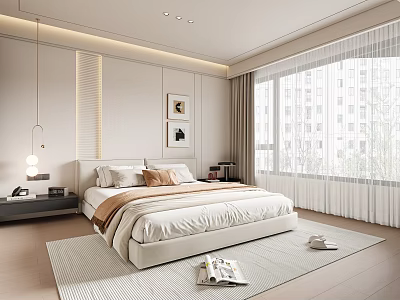 Modern Minimalist Bedroom Interior With Cozy Bed Wall Art Large Window And Curtains 3d model