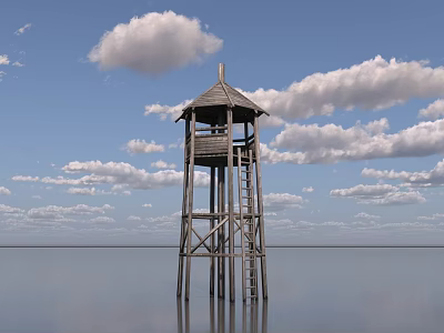 Wooden Observation Tower with Ladder Standing on Water Under Blue Sky and Clouds 3d model