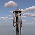 Wooden Observation Tower with Ladder Standing on Water Under Blue Sky and Clouds